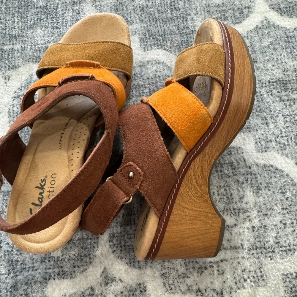 Clarks Brown and Orange Suede Wedge Sandals